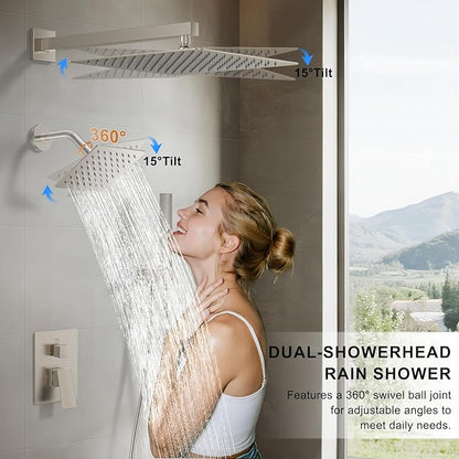 Shower Faucet Set, Wall Mount Shower System 12-inch & 6-inch Dual Shower Head Set with 2 in 1 Handheld Spray Rain Shower Faucet with Rough-in Valve and Shower Trim Kit, Brushed Nickel