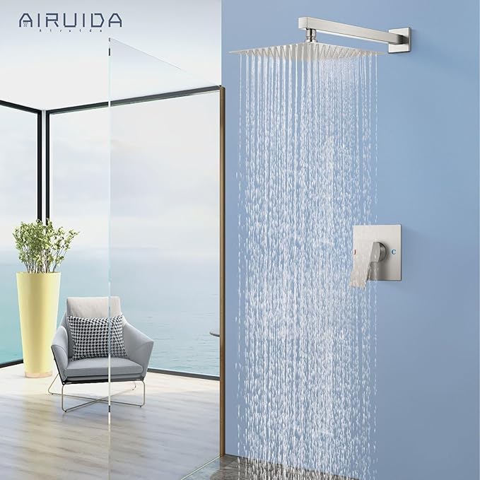 Airuida Shower Faucet Set Bathroom Rain Shower System SUS304 Stainless Steel Single Handle With Male Threads Rough-in Valve Shower Trim Kit 12 Inch Wall Mount Shower Head Brushed Nickel
