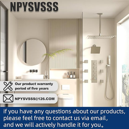 Thermostatic Shower System Dual Shower Heads with 16" Ceiling Mounted Rain Shower Head & 6" Wall Mounted Head 4 Function Shower System with body jets Can All Run Together, Brushed Nickel