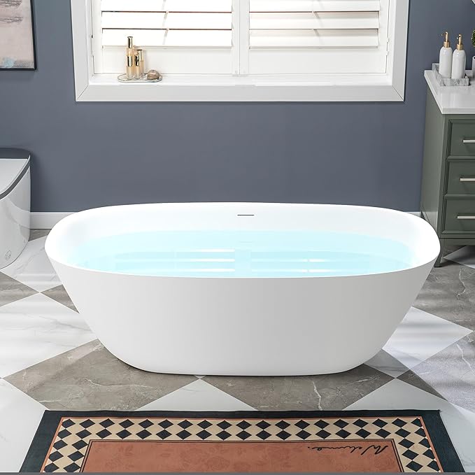 WOODBRIDGE 67" L x 32-5/8" W Luxury Contemporary Solid Surface Stone Resin Freestanding Bathtub in Matte White