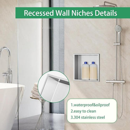 SaniteModar Shower Niche, Stainless Steel Shower Niche 12" X 12" No Tile Needed, Recessed for Bathroom Storage, Brushed Silver (Brushed Silver, 12x12)
