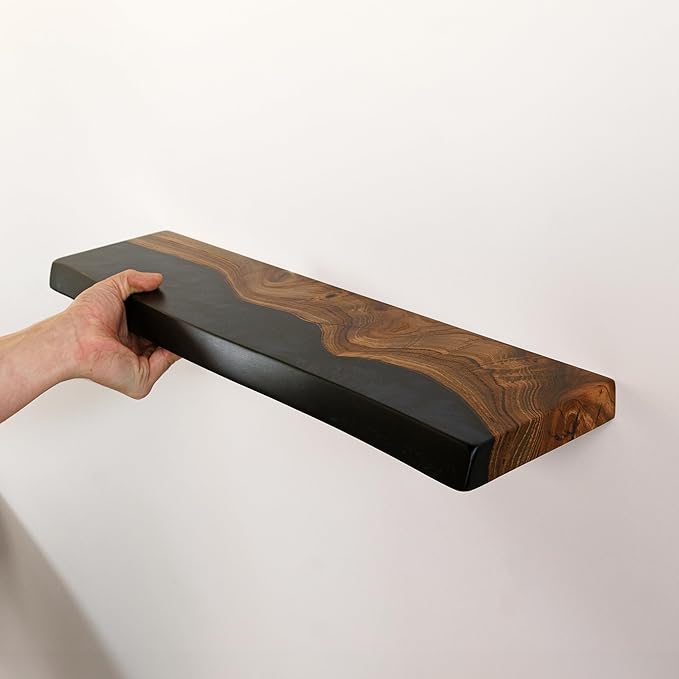 RWA Live Edge Floating Shelf – Unique Wood Floating Shelf for Wall Decor, Living Room, Bedroom, or Bathroom – Stylish Decorative Wall Shelves for Home & Office (Live Edge, Black - 12x6)