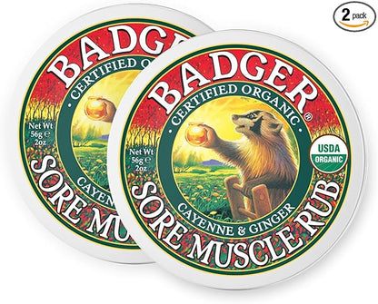 Badger Sore Muscle Rub, 100% Organic Sore Muscle Cream, Cayenne & Ginger Warming Sore Muscle Relief, Recovery & Relaxation, Long Lasting, Great Smelling, 2 oz Tin, 2-Pack