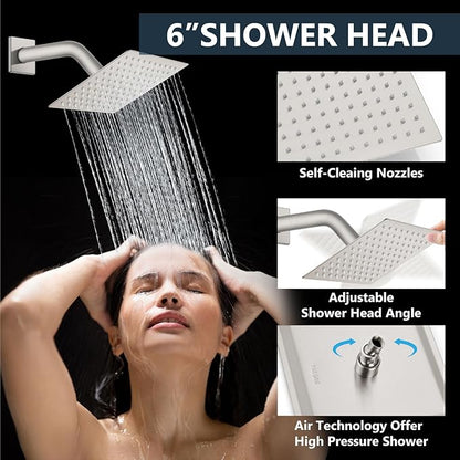 Aolemi Shower Faucet Set Ceiling Mount Shower System Rough-in Valve and Shower Trim Kit 10 and 6 Inch Dual Shower Head 2 in 1 Handheld Spray Push Button Diverter Brushed Nickel