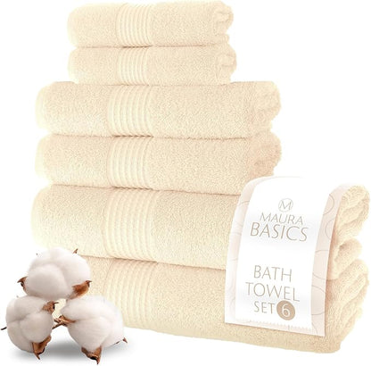 MAURA Basics Bath Towel Sets for Bathroom with Hanging Hook Loops. 2 Bath Towels, 2 Hand Towels, 2 Washcloths, Soft, Durable, Long Lasting and Absorbent Towels Set, Cream