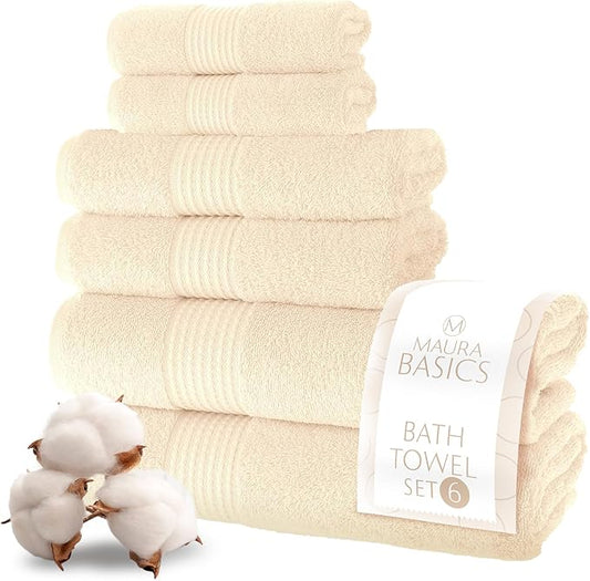 MAURA Basics Bath Towel Sets for Bathroom with Hanging Hook Loops. 2 Bath Towels, 2 Hand Towels, 2 Washcloths, Soft, Durable, Long Lasting and Absorbent Towels Set, Cream