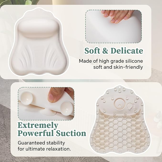 Silicone Bath Pillow for Tub Adults, 4D Air-Cushion Bathtub Pillow for Head Neck and Back Support, Non-Slip Suction Cups, Quick-Drying Waterproof Spa Pillow, Easy to Clean & Store，White