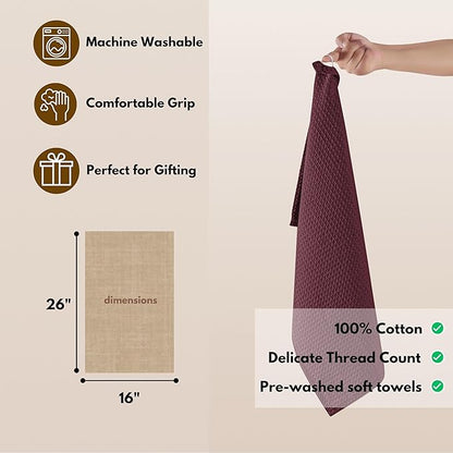 Native Fab Cotton Kitchen Towel with Hanging Loop 16x26 inches, 6-Pack, Waffle Weave Kitchen Towels for Cleaning Drying, Washcloths Soft & Absorbent Cloth Rags, Bar Towel, Dish Cloth, Burgundy Wine