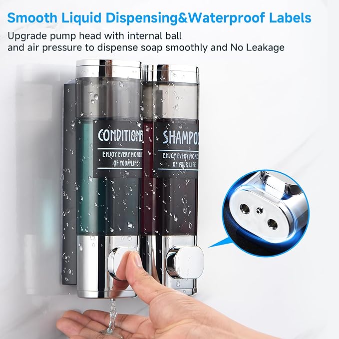 Shampoo and Conditioner Dispenser,GlintGath Shower Dispenser 2 Chamber No Drill Shampoo Dispenser for Shower Wall Mounted Shower Soap Dispenser for Bathroom Hotel,2 * 300ML,Chrome
