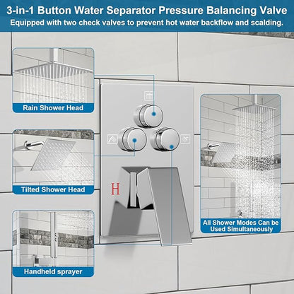 Shower Faucet Set Polished Chrome Shower System, Ceiling Mount 10 Inch Shower Head With Wall Mount 6 Inch Shower Head and 2 in 1 Handheld Spray, Push Button Diverter Shower Valve Trim Kit