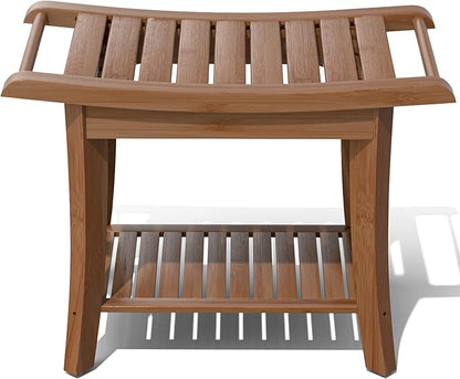 Bamboo Shower Stool Bench Waterproof with Storage Shelf for Shaving Legs or Spa Bath Seat in Bathroom & Inside Shower for Adults Seniors Elderly (24 x 13.4 x 18.5 inches+Walnut)