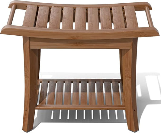 Bamboo Shower Stool Bench Waterproof with Storage Shelf for Shaving Legs or Spa Bath Seat in Bathroom & Inside Shower for Adults Seniors Elderly (24 x 13.4 x 18.5 inches+Walnut)