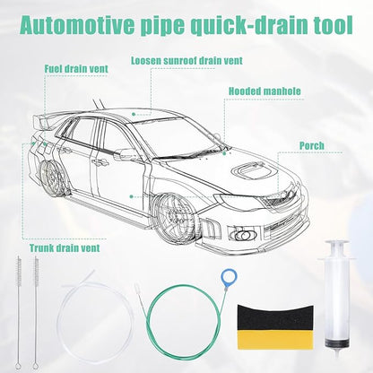 6pcs Auto Sunroof Drain Cleaning Tool, Include 5m/196.9in Long Tube Cleaner, Sponge, Syringe, Hose & Cleaning Brushes, Soft Pipe Cleaners for Car Wiper Sunroof Trunk Drains Hole