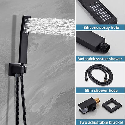 10" Matte Black Shower Faucet Set – Square Rainfall Showerhead + Handheld & Waterfall Spout, Wall-Mounted, Anti‑Clog Silicone – Modern Bathroom Hardware