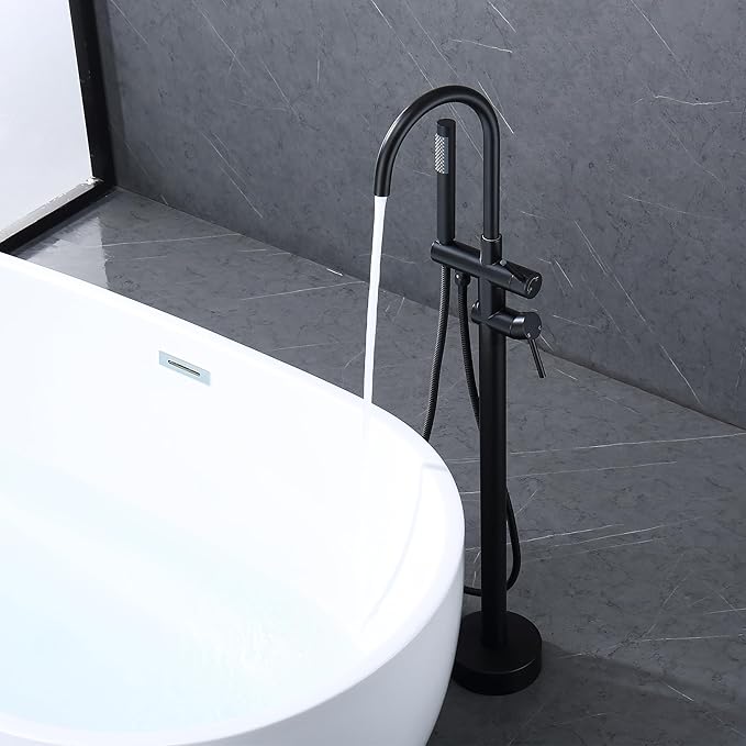Freestanding Tub Faucet - Matte Black Floor Mounted, 360 Degree Swivel Gooseneck Filler with Hand Shower Mixer Tap. SE-3001-BK
