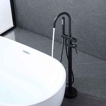 Freestanding Tub Faucet - Matte Black Floor Mounted, 360 Degree Swivel Gooseneck Filler with Hand Shower Mixer Tap. SE-3001-BK