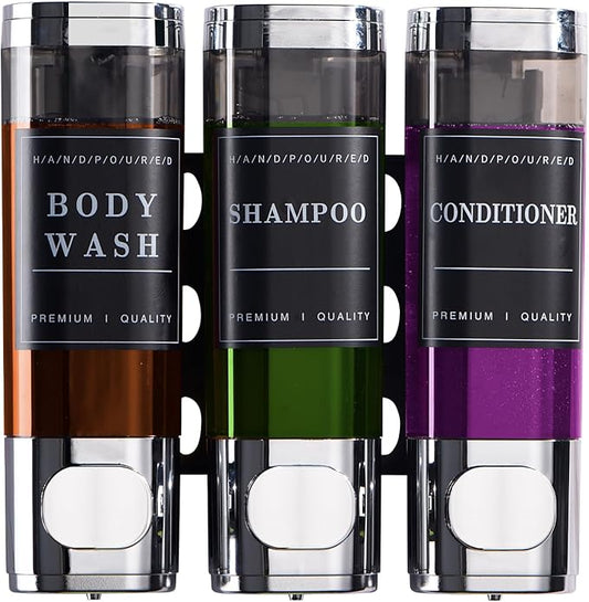 Shower Soap Dispenser Wall Mounted No Drill Shampoo Dispenser for Shower Wall Shampoo and Conditioner Dispenser Bathroom Hote 3 * 300ml Chrome Self