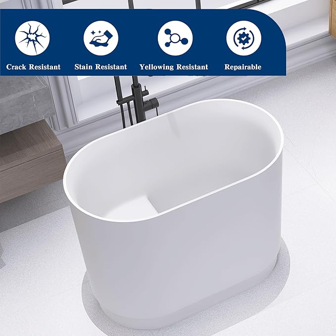 39" Stone Resin Janpanese Soaking Tub, Freestanding Deep Soaking Bathtub with Seat Desgin,Toe-tap Chrome Right Drain, Slotted Overflow, cUPC Certified, in Matte White