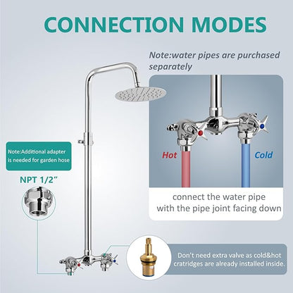 Aolemi Outdoor Shower Kit Outdoor Shower Fixtures Faucet System Double Handle Exposed Shower with 8 Inch Rainfall Shower Head Adjustable Height Shower Pipe 6 Inch Center Polish Chrome