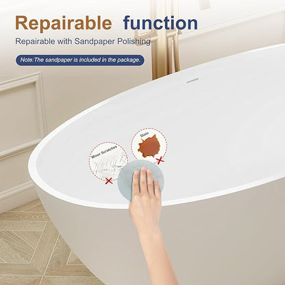 SJ STAR&JANE 69" Solid Surface Freestanding Bathtub,Matte White Stone Resin Soaking Tub, Modern Stand Alone Tub for Bathroom, Integrated with Overflow & Pop-up Drain