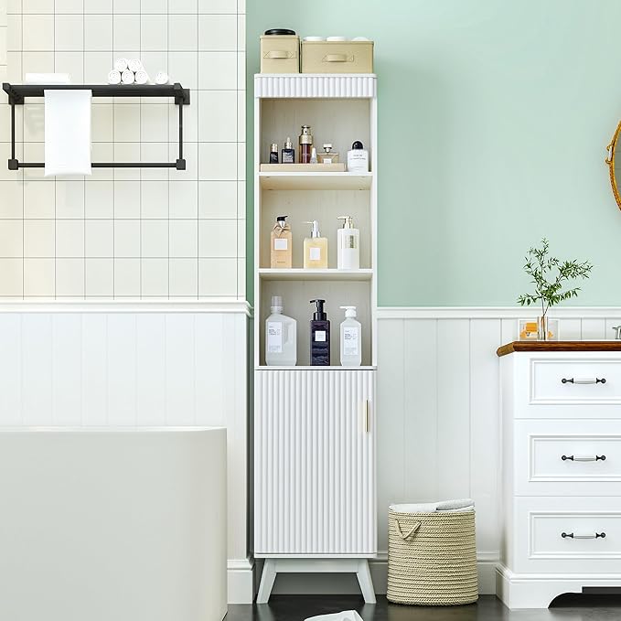68" Tall Bathroom Storage Cabinet,Narrow Fluted Tower Cabinet with Door and Shelves,Slim Space Saving Storage Unit for Bathroom Kitchen Living Room (White, 11.8" D x 15.75" W x 68" H)