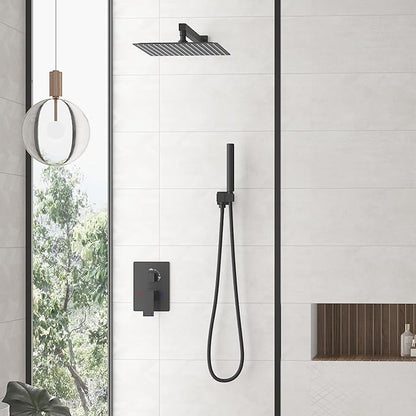 Hoimpro 12 Inch Shower Head System Set Bathroom Rain Mixer Shower Head 2 In 1 Handheld Sprayer Wall Mounted, Square Rainfall Shower Faucet Fixture Combo Valve Kits Brass Showerhead, Matte Black