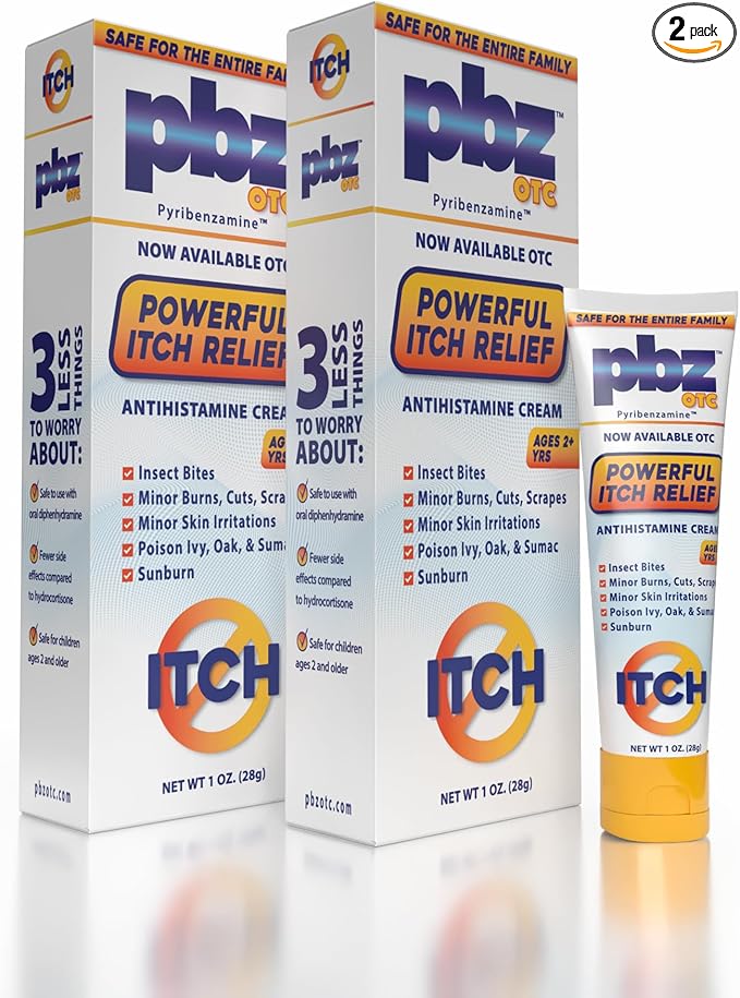 PBZ OTC Antihistamine Cream with 1% Tripelennamine, Kid Safe Itch Relief, 1 Oz, 2 Pack
