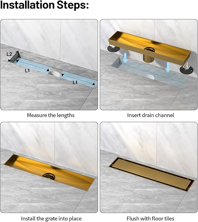 Linear Shower Drain, 304 Stainless Steel with Adjustable Leveling Feet, Hair Strainer,Reversely Install Place to Create an Invisible Floor Drain - Gold -16-Inch