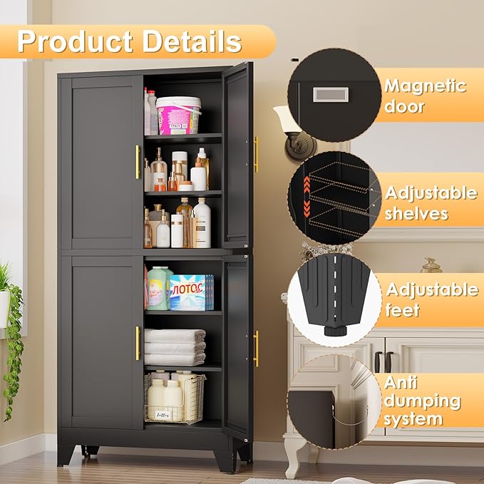 75" Tall Metal Kitchen Pantry Storage Cabinet, Freestanding Cupboard with 4 Doors and 4 Adjustable Shelves, Standing Storage for Kitchen, Bathroom, Garage, Dinning Room or Utility Room（Black）