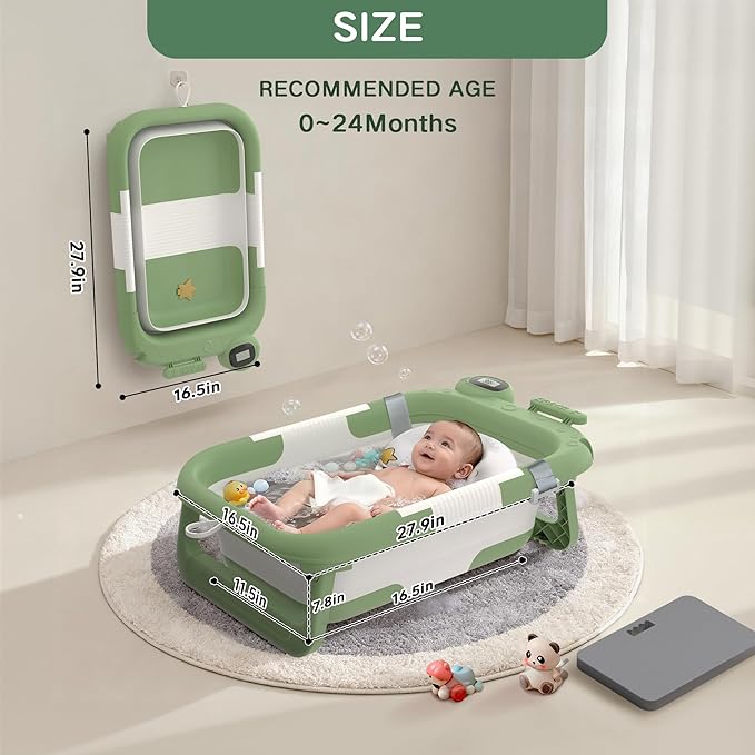 Collapsible Baby Bathtub for Newborn to Toddler (0-24 Months), Portable Baby Bath Tub for Travel, Newborn Bathtub with Soft and Supportive Cushion (Astronaut-Green)