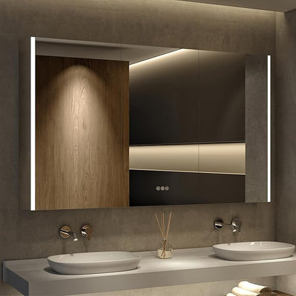 Medicine Cabinet with LED Lights and Mirror, 54 x 32 Inch Surface or Recessed Mounted Bathroom Cabinets with Door, Defogger, Memory Function, 3-Color Mode, Outlet&USB, Dimmer, Storage Shelf
