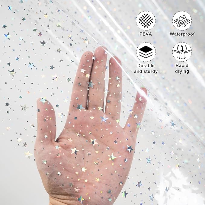 PEVA Shower Curtain, 72 x 72 Water Repellent Premium Bathroom Shower Curtain with 3 Magnetic Weights for Shower Stall, Bathtubs (Star)