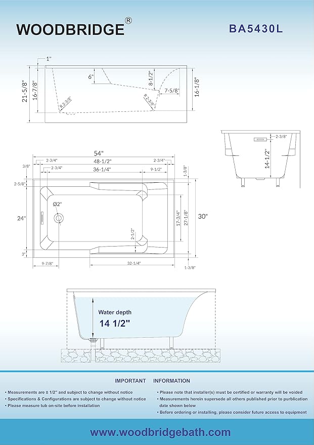 WOODBRIDGE 54" Acrylic Rectangular Alcove Soaking Bathtub in White with Left Drain, Brushed Gold pop-UP Drain Included BA5430L