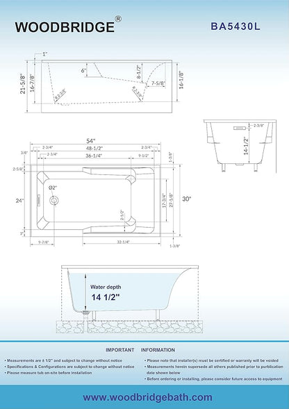 WOODBRIDGE 54" Acrylic Rectangular Alcove Soaking Bathtub in White with Left Drain, Matte Black pop-UP Drain Included BA5430L