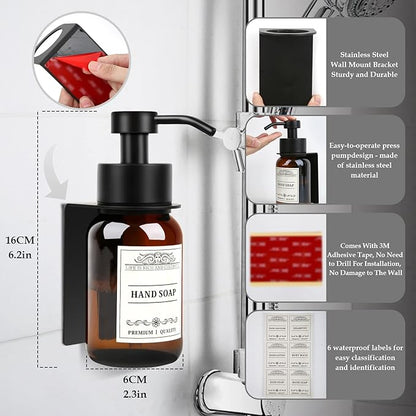8.5oz Glass Soap Dispenser 2 Pack - Shampoo,Conditioner and Dish Soap Dispenser with Pump,Wall Mount Holder and Waterproof Labels for Kitchen and Bathroom (Brown)