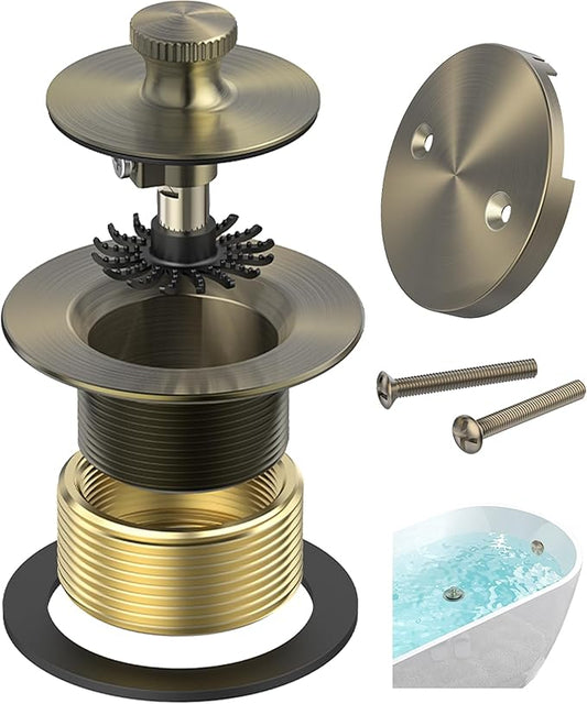 Antique Brass Bathtub Drain, Hair Catcher and 2-Hole Overflow Faceplate, 11.5/16 UNC, Lift and Turn Bathtub Drain Replacement, Tub Drain Stopper