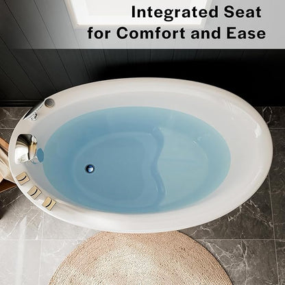Empava Bathtub,59 Inch Soaking Tub with Chrome Faucet & Showerhead, Oval Deep Soak Acrylic bathtub with Integrated Seat, Japanese Style Design, Slip-Resistant Floor, Glossy White