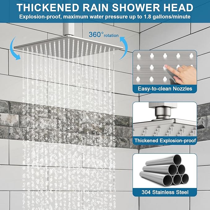 Shower Faucet Set Brushed Nickel Shower System, Ceiling Mount 10 Inch Shower Head With Wall Mount 6 Inch Shower Head and 2 in 1 Handheld Spray, Push Button Diverter Shower Valve Trim Kit