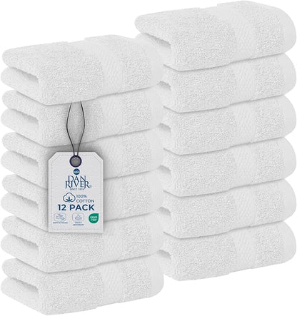 DAN RIVER 12-Pack Premium 100% Cotton White Face Towels – Reusable Face Towel Set, Soft & Absorbent Wash Cloths for Bathroom & Body – Hand and Face Towels, 550 GSM (12x12 in)