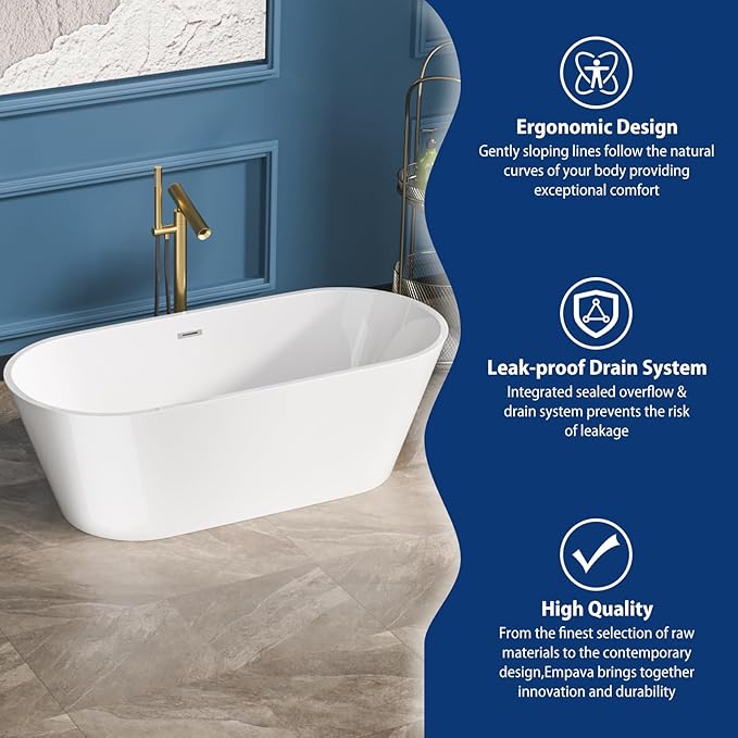 Sarlai 67 Inch Acrylic Freestanding Soaking Bathtub Contemporary Soaking White Tub Stand Alone Ergonomic Bathtub with Chrome Drain and Overflow