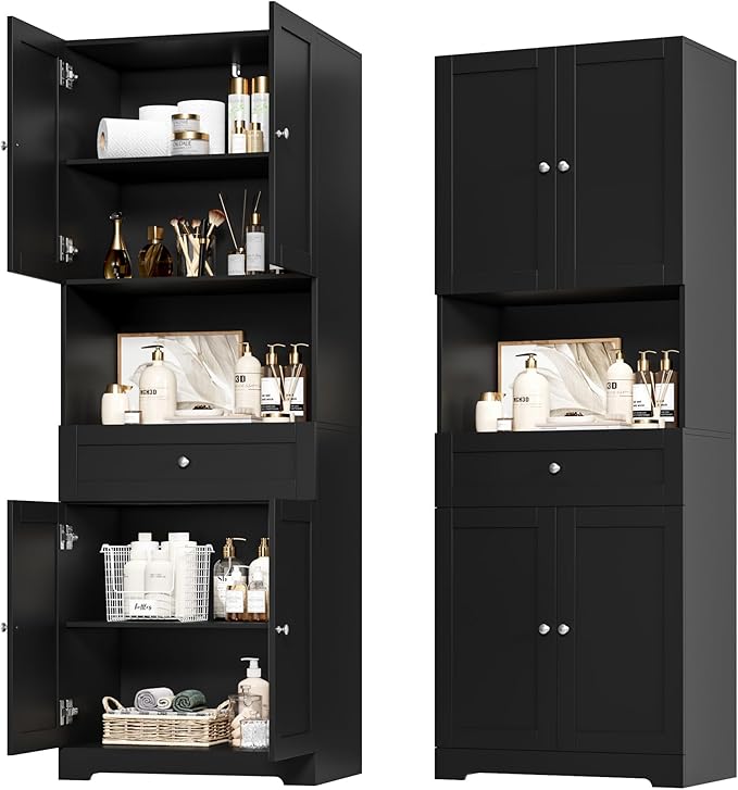 HIFIT Tall Bathroom Storage Cabinets, Modern Linen Storage Cabinet with 4 Doors & Shelves & Drawer, 67" H Tall Storage Cabinet Freestanding for Bathroom, Living Room, Kitchen & Dining, Pantry, Black