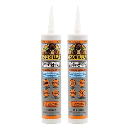 Gorilla Waterproof Caulk & Seal Silicone Sealant, 10Oz Cartridge (Pack of 2) - Clear Caulking Sealant for Kitchen, Window, Bath, Marine, Door and More