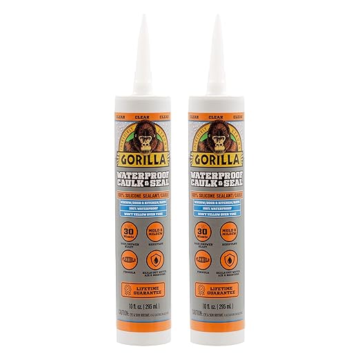 Gorilla Waterproof Caulk & Seal Silicone Sealant, 10Oz Cartridge (Pack of 2) - Clear Caulking Sealant for Kitchen, Window, Bath, Marine, Door and More