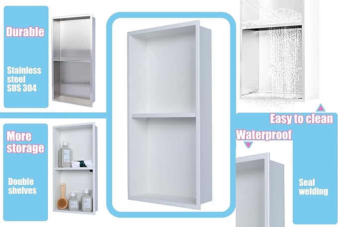 Recessed Wall Niche for Shower Room Storage,Double-Layer Shelves,Wall Insert Tile Ready,Stainless Steel(White, 24 * 12 in)