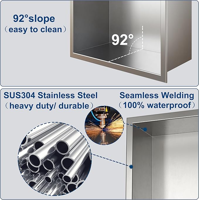 Neodrain 12X30 in Shower Niche, 3 Layers Brushed Wall Niche Stainless Steel Recessed Cubby NO Tile Needed Recessed Niche Shower for Bathroom Storage