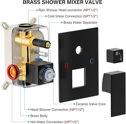 Black Shower Faucet Set, Rainfall Shower System with Square Shower Head and Handle Set, Wall Mounted Shower Fixtures, Full Metal Trim Repair Kit 10 inch Matte Black (With Shower Valve)
