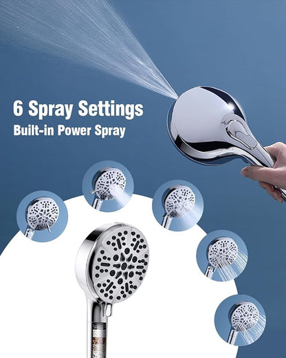 Filtered Shower Head with Handheld, BOWGER 6 Modes High Pressure Shower Heads with Power Wash Mode and Hard Water Filter, Detachable Hand Held Showerhead Set with Extra Long Hose, Chrome
