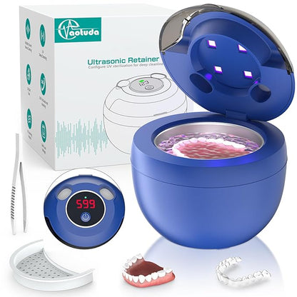 45kHz Ultrasonic Retainer Cleaner Machine, 200ML Denture Cleaner, 4 Modes with Digital Timer Mouth Guard Cleaner for Aligner, Night Guard, Braces, Toothbrush, Jewelry and More (Navy Blue)
