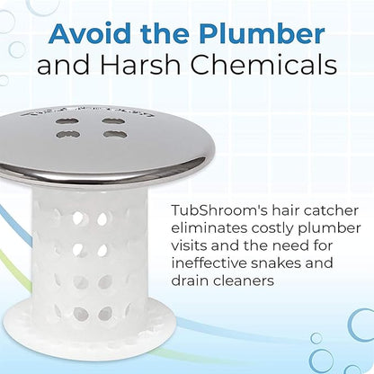 TubShroom Tub Drain Hair Catcher, Chrome – for Bathroom Drains, Fits 1.5” – 1.75” Bathtub and Shower Drains, White