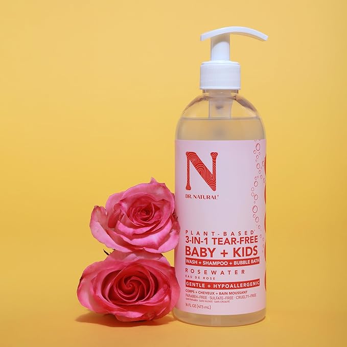 Dr. Natural 3-in-1 Tear-Free Baby Plus Kids Soap - Head-to-Toe Baby Soap and Shampoo - Sensitive Skin Moisturizing Body Wash - Rosewater - 16 oz.